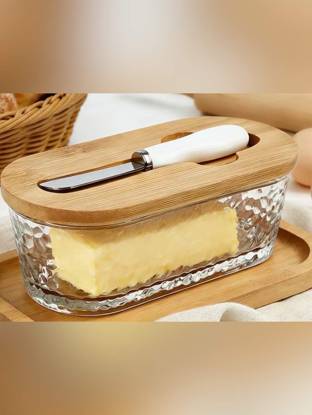 Amazon Bamboo-Lidded Glass Butter Dish with Ceramic Stainless Spreader